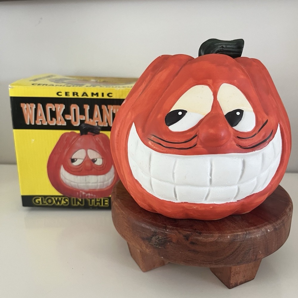 Vtg Glow In The Dark Ceramic Wack-O-Lantern Pumpkin Candle Holder Halloween 1997